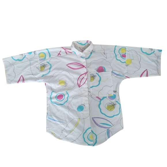 Vintage 80s white button down shirt with pink and blue flowers large - Picture 3 of 12